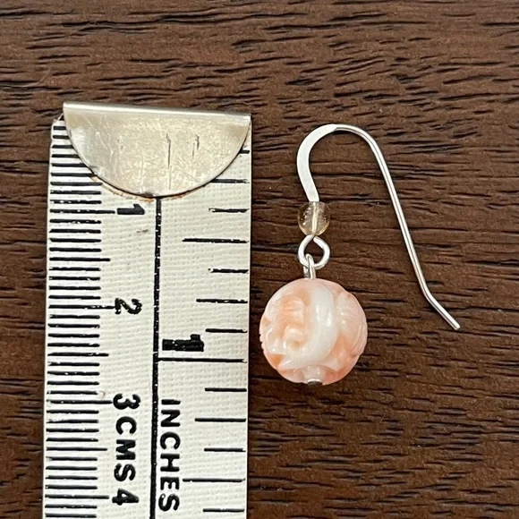 Hand carved undyed angel skin coral solid sterling silver drop hoop earrings - Picture 5 of 7
